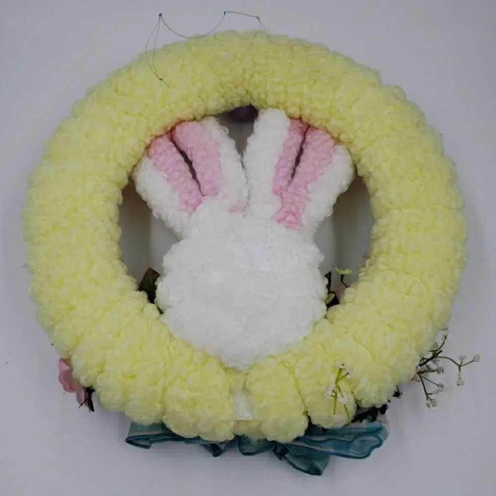 Easter Bunny Pastel Door Wreath Vintage 80s Handmade Crafting Looped Chenille